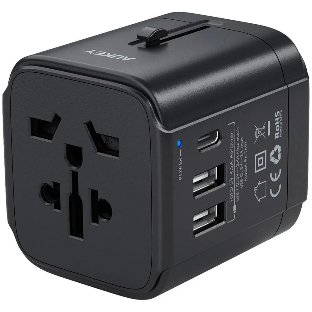 Ładowarka podróżna AUKEY PA-TA01 BLACK - EU|US|UK|AUS, 2x USB-A, 1x USB-C, Czarna