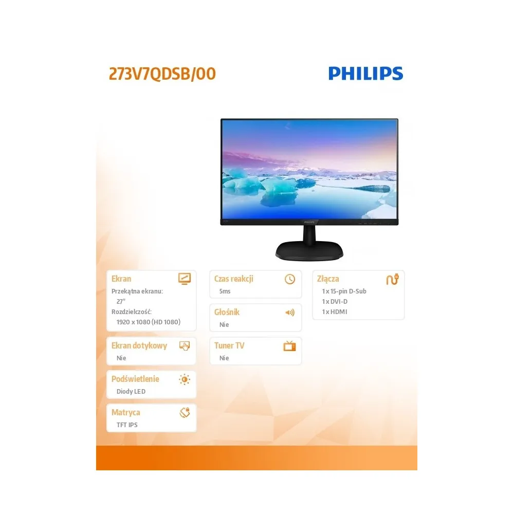 Zdjęcie produktu Monitor Philips 273V7QDSB/00 - 27"/1920x1080 (Full HD)/76Hz/IPS/5 ms/Czarny