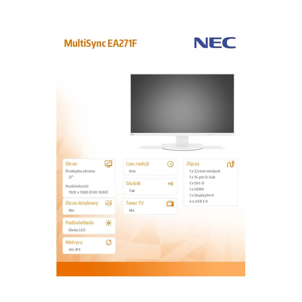 Monitor NEC MultiSync EA271F 60004634 - 27"/1920x1080 (Full HD)/60Hz/IPS/6 ms/pivot/Biały - zdjęcie