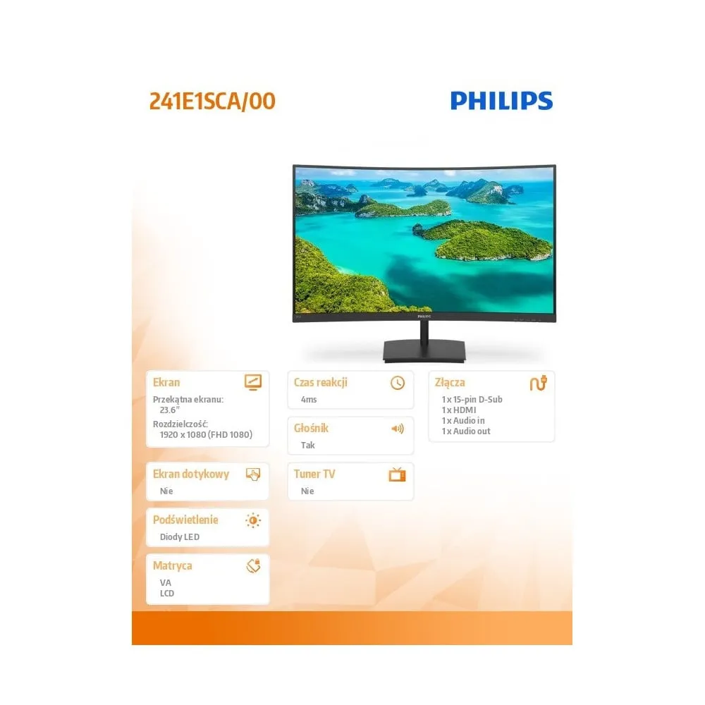 Monitor Philips 241E1SCA/00 - 24"/1920x1080 (Full HD)/75Hz/zakrzywiony/VA/4 ms/Czarny