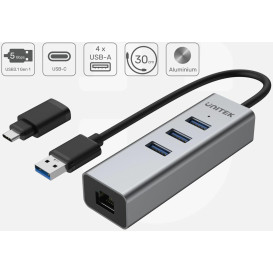 Replikator portów Unitek 1x RJ-45 + 3x USB-A 3.0 Y-3083B - Kolor srebrny, Czarny