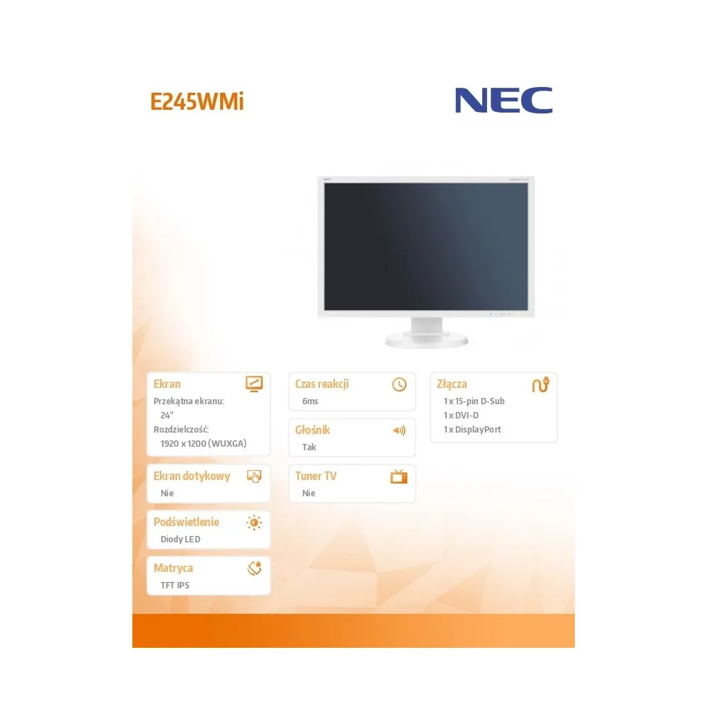 Monitor NEC MultiSync EA245WMi 60003812 - 24"/1920x1200 (WUXGA)/60Hz/16:10/IPS/6 ms/pivot/Biały