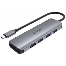Replikator portów Unitek USB-C 3xUSB 3.1 Gen1 HDMI SD microSD H1107F - 3 porty, Kolor srebrny, Aluminium - zdjęcie 1