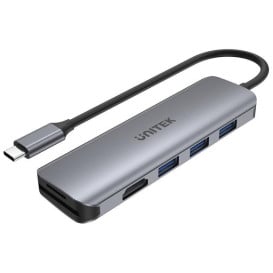 Replikator portów Unitek USB-C 3xUSB 3.1 Gen1 HDMI SD microSD H1107F - 3 porty, Kolor srebrny, Aluminium