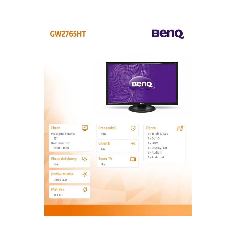 Zdjęcie produktu Monitor Benq GW2765HT 9H.LCELA.TBE - 27"/2560x1440 (QHD)/IPS/4 ms/pivot/Czarny