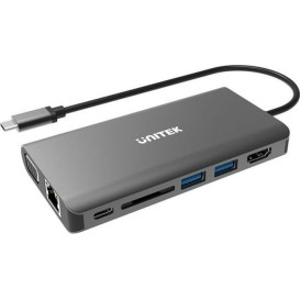 Stacja dokująca Unitek HUB 8-in-1 USB3.1 Typ-C 2xUSB HDMI VGA GIGA SD Power Delivery 100W D1019A - 8 portów, Kolor grafitowy