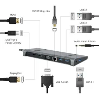 Replikator portów Gembird USB-C 9-in-1 A-CM-COMBO9-02 - 3x USB 3.2 Gen 1, USB-C PD 87W, DP, HDMI, VGA, RJ-45, Audio