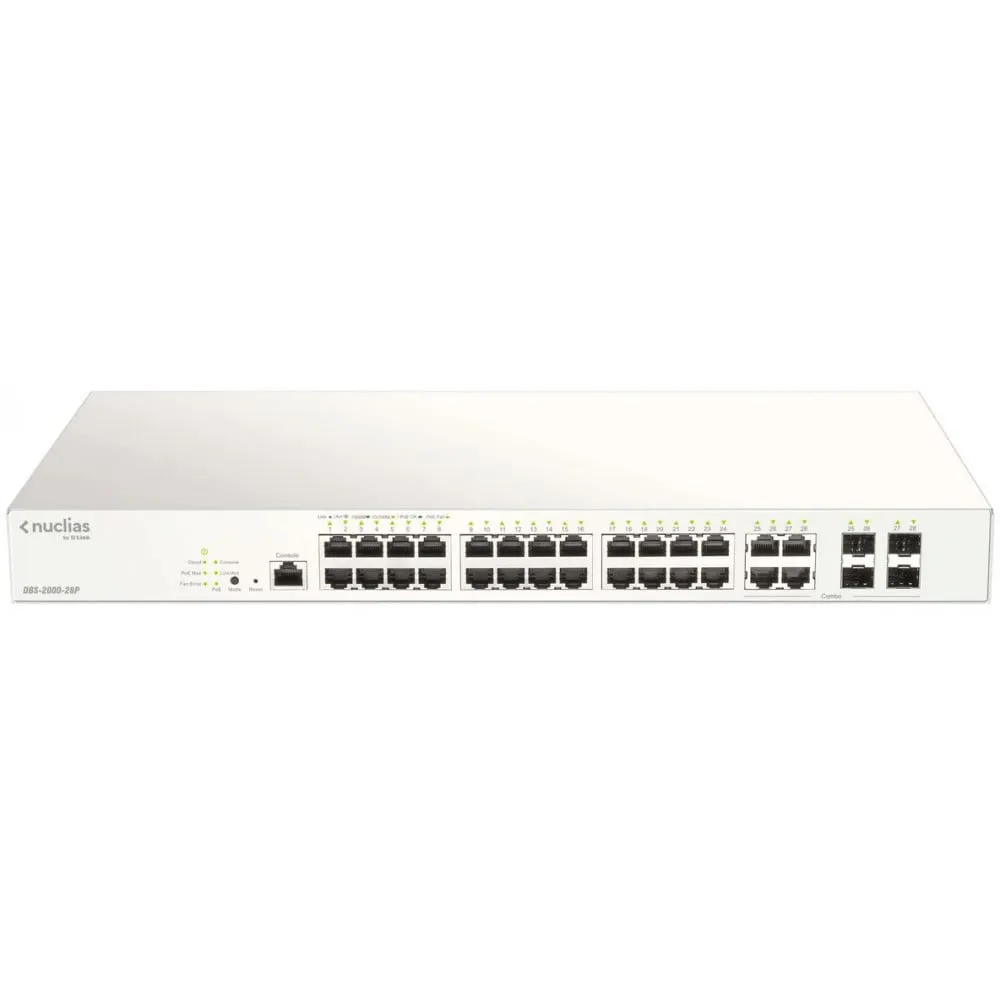 Switch zarządzalny D-Link DBS-2000-28P, 24x 10|100|1000Mbps, 4x combo 1000Mbps RJ45|SFP, POE+ 193W, Nuclias Cloud Management | S