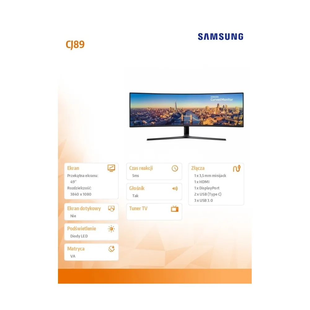 Monitor Samsung CJ89 LC49J890DKUXEN - 49"/3840x1080/144Hz/32:9/zakrzywiony/VA/5 ms/USB-C/Czarny - zdjęcie