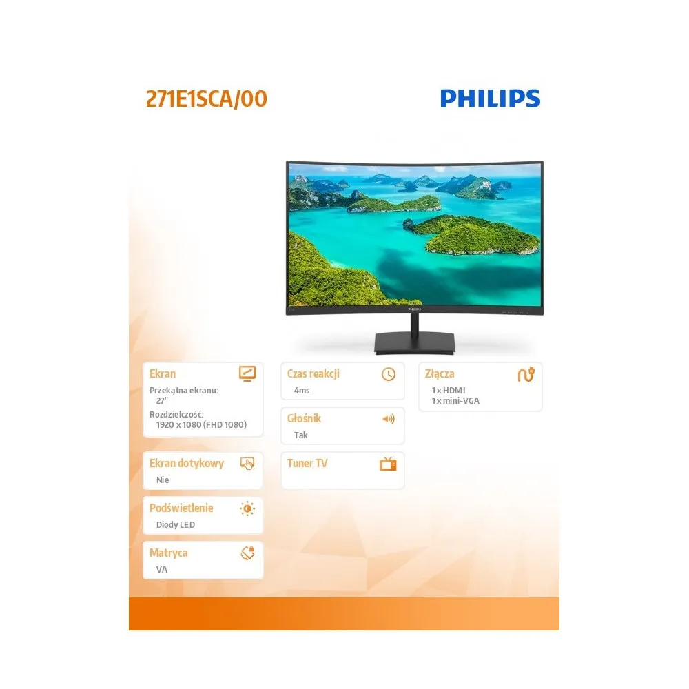 Zdjęcie produktu Monitor Philips 271E1SCA 271E1SCA/00 - 27"/1920x1080 (Full HD)/75Hz/zakrzywiony/VA/4 ms/Czarny