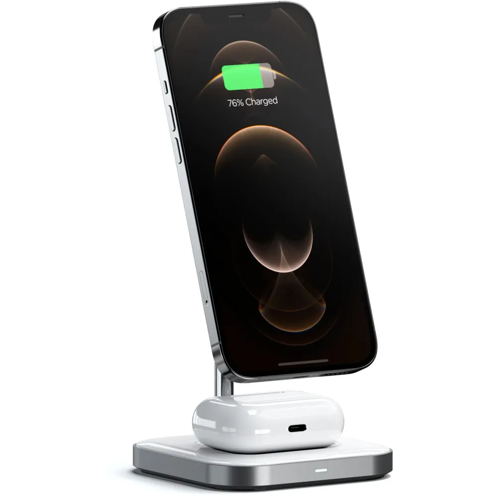 Podstawka ładująca Satechi Aluminum 2-in-1 Magnetic Wireless Charging Stand ST-WMCS2M - Biała|Srebrna Podstawka ładująca Satechi Aluminum 2-in-1 Magnetic Wireless Charging Stand ST-WMCS2M - Biała|Srebrna