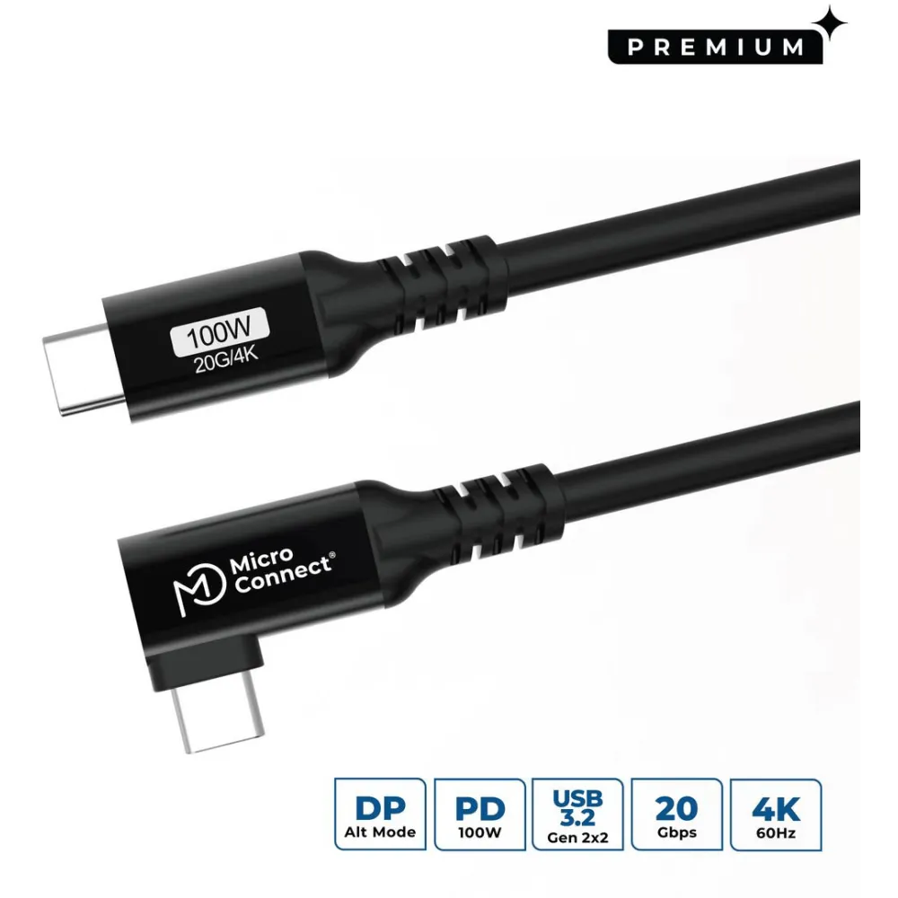 Kabel MicroConnect Premium USB-C USB3.2CC025-A - kątowy USB-C 3.2 Gen 2x2, PD 100W, 20Gbps, 4K 60Hz, 25 cm, Czarny