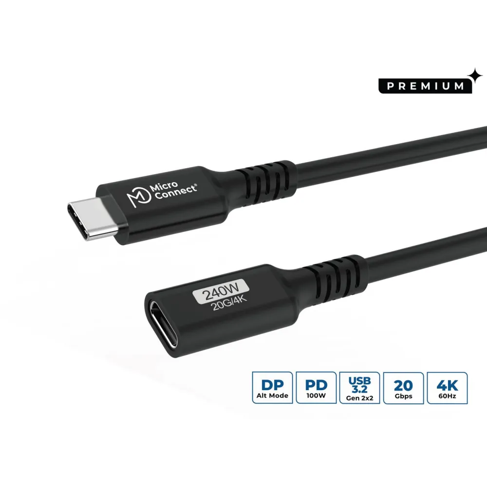 Kabel przedłużacz MicroConnect Premium USB-C USB3.2CC015EX - USB-C 3.2 Gen 2x2, PD 240W, 20Gbps, 4K 60Hz, 15 cm, Czarny