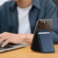 Portfel i podstawka Satechi Vegan-Leather Wallet Stand do iPhone z MagSafe ST-VLWB - Wegańska skóra, Niebieski