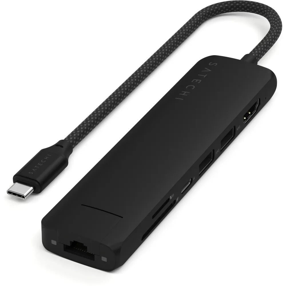 Replikator portów Satechi 7-in-1 USB-C Slim Multiport Adapter with Ethernet ST-P7SK - USB-C, 2x USB-A, HDMI, LAN, SD, Czarny