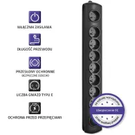 Listwa antyprzepięciowa zasilająca Qoltec 50114 - 8 gniazd, 3 m, Czarna