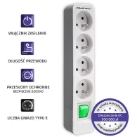 Listwa antyprzepięciowa zasilająca Qoltec 50288 - 4 gniazd, 1,8 m, Biała