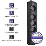 Listwa antyprzepięciowa zasilająca Qoltec 50105 - 4 gniazda, 2,5 m, Czarna