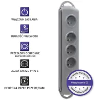 Listwa antyprzepięciowa zasilająca Qoltec 50164 - 4 gniazda, 2,5 m, Szara