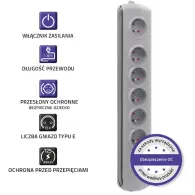 Listwa antyprzepięciowa zasilająca Qoltec 50165 - 6 gniazd, 1,8 m, Szara