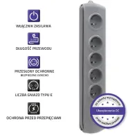 Listwa antyprzepięciowa zasilająca Qoltec 50272 - 5 gniazd, 3 m, Szara