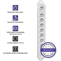 Listwa antyprzepięciowa zasilająca Qoltec 50293 - 8 gniazd, 1,5 m, Biała