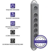 Listwa antyprzepięciowa zasilająca Qoltec 50199 - 6 gniazd, 5 m, Szara