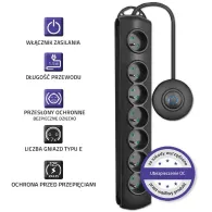 Listwa antyprzepięciowa zasilająca Qoltec 50171 - 7 gniazd, 1,5 m, Czarna