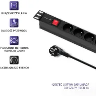 Listwa zasilająca Rack 19" PDU Qoltec 54470 - 1U, 16A, 6xFRENCH, 2m