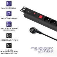 Listwa zasilająca antyprzeciążeniowa Rack 19" PDU Qoltec 53995 - 1U, 16A, 6xFRENCH, 2m