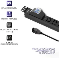 Listwa zasilająca antyprzeciążeniowa Rack 19" PDU Qoltec 53999 - 1U, 10A, 8xIEC C13, 2m