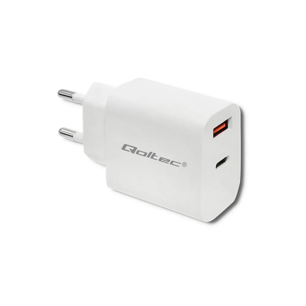 Ładowarka sieciowa Qoltec USB 51714 - 18W, 5-12V, 1.5-3A, USB-C PD, USB-A QC 3.0, Biała