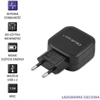 Ładowarka sieciowa Qoltec 50185 - 12W, 5V, 2.4A, 2x USB-A, Czarna
