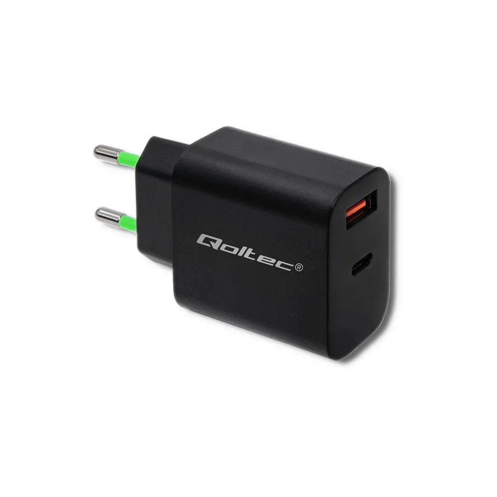 Ładowarka sieciowa Qoltec USB 51713 - 18W, 5-12V, 1.5-3A, USB-C PD, USB-A QC 3.0, Czarna