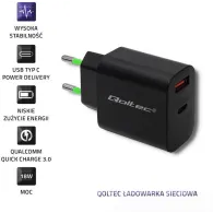 Ładowarka sieciowa Qoltec USB 51713 - 18W, 5-12V, 1.5-3A, USB-C PD, USB-A QC 3.0, Czarna