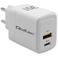 Ładowarka sieciowa Qoltec 35W GaN 51824 - 5-20V, 1.5-3A, 1x USB-C PD, 1x USB-A QC 3.0, Biała