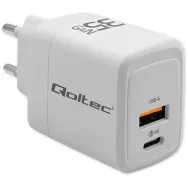 Ładowarka sieciowa Qoltec 35W GaN 51824 - 5-20V, 1.5-3A, 1x USB-C PD, 1x USB-A QC 3.0, Biała