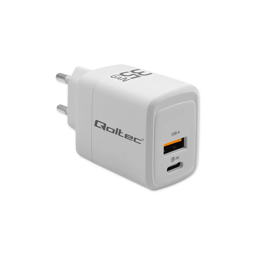 Ładowarka sieciowa Qoltec 35W GaN 51824 - 5-20V, 1.5-3A, 1x USB-C PD, 1x USB-A QC 3.0, Biała