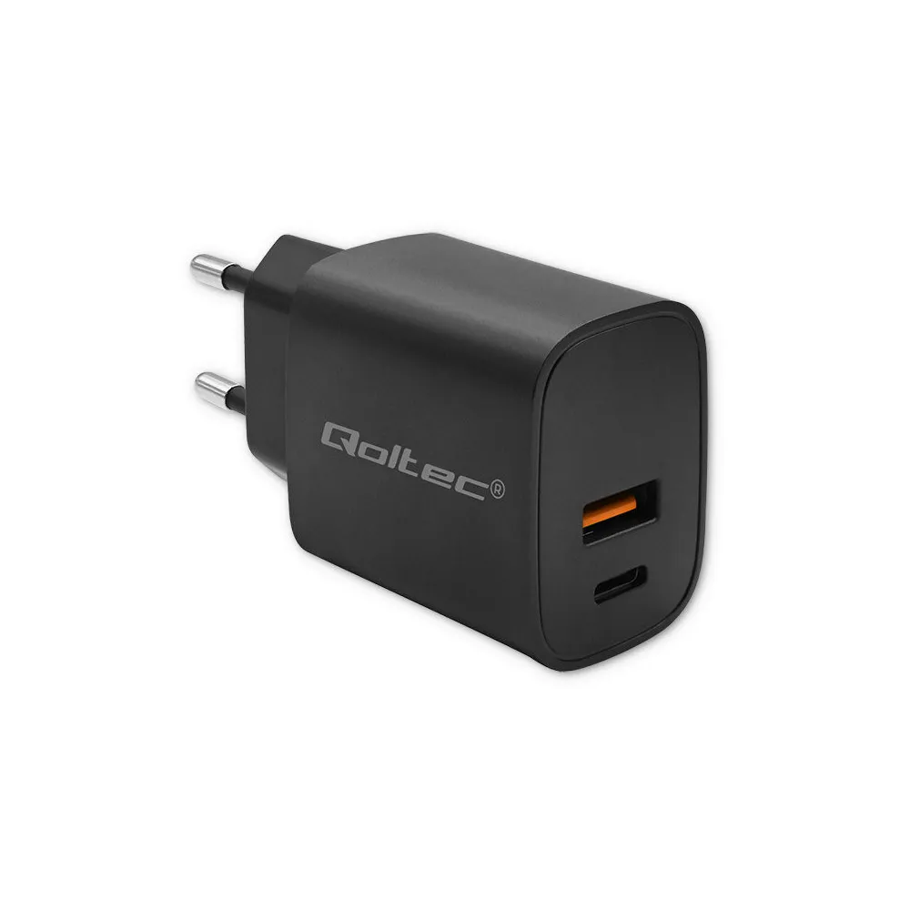 Ładowarka sieciowa Qoltec GaN POWER PRO 52377 - 30W, 5-20V, 1.5-3A, 1x USB-C, 1x USB-A, Czarna