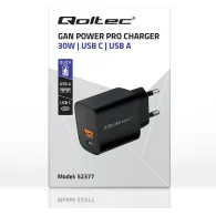 Ładowarka sieciowa Qoltec GaN POWER PRO 52377 - 30W, 5-20V, 1.5-3A, 1x USB-C, 1x USB-A, Czarna