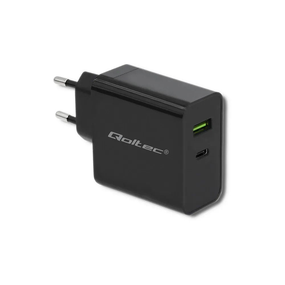 Ładowarka sieciowa Qoltec 42W 51717 - 5-20V, 2.25-3A, USB-C PD, USB-A, Czarna