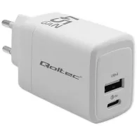 Ładowarka sieciowa Qoltec 45W GaN 51825 - 5-20V, 1.5-3A, 1x USB-C PD, 1x USB-A QC 3.0, Biała