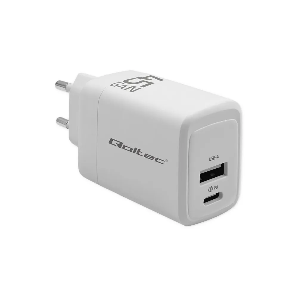 Ładowarka sieciowa Qoltec 45W GaN 51825 - 5-20V, 1.5-3A, 1x USB-C PD, 1x USB-A QC 3.0, Biała