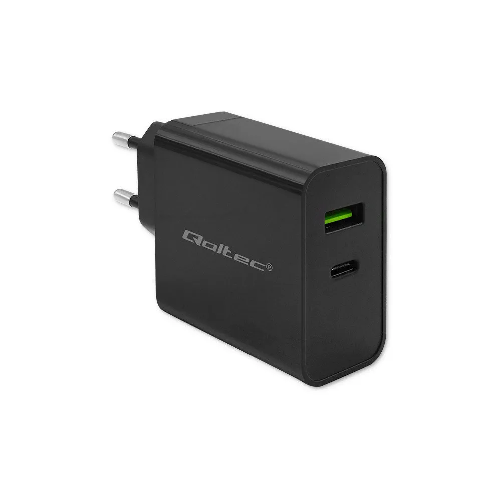 Ładowarka sieciowa Qoltec Super Quick PD 52378 - 45W, 1x USB-C, 1x USB-A, 5-20V, 2.25-3A, Czarna