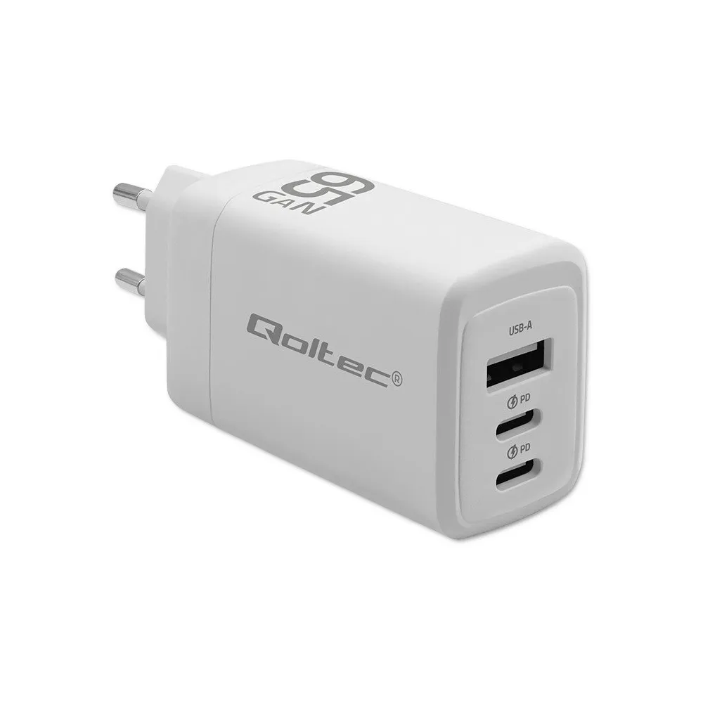 Ładowarka sieciowa Qoltec 65W GaN 51822 - 5-20V, 3-3.35A, 2x USB-C PD, 1x USB-A QC 3.0, Biała