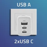 Ładowarka sieciowa Qoltec 65W GaN 51822 - 5-20V, 3-3.35A, 2x USB-C PD, 1x USB-A QC 3.0, Biała