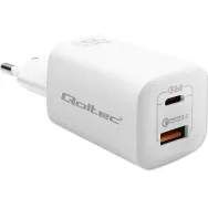 Ładowarka sieciowa Qoltec 65W GaN ULTRA 50765 - 5-20V, 2.25-3.25A, 1x USB-C PD, 1x USB-A QC 3.0, Biała
