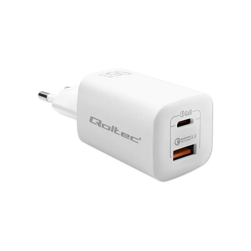 Ładowarka sieciowa Qoltec 65W GaN ULTRA 50765 - 5-20V, 2.25-3.25A, 1x USB-C PD, 1x USB-A QC 3.0, Biała