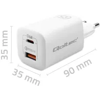 Ładowarka sieciowa Qoltec 65W GaN ULTRA 50765 - 5-20V, 2.25-3.25A, 1x USB-C PD, 1x USB-A QC 3.0, Biała