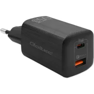 Ładowarka sieciowa Qoltec 65W GaN ULTRA 50766 - 5-20V, 2.25-3.25A, 1x USB-C PD, 1x USB-A QC 3.0, Czarna
